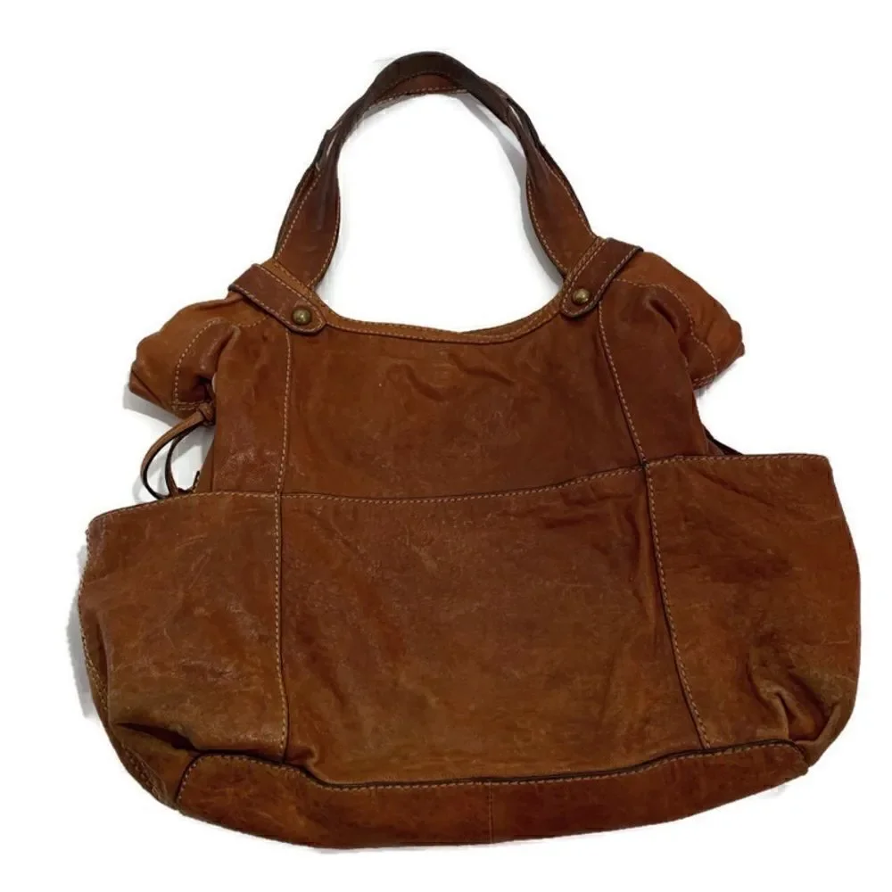 Vintage Fossil Brown Leather Floral Embossed Tote